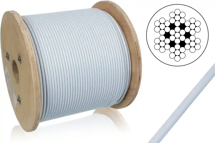 Lina nierdzewna / A4 - AISI 316 / splot 7x7 / oplot PVC biały / grubość 4/6 mm / grubość liny stalowej 4 mm / grubość liny z oplotem 6 mm / rolka 250 m Zamów teraz